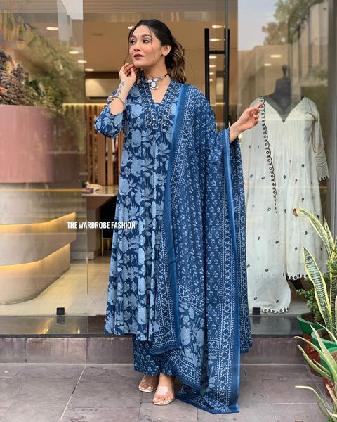 Womens Beautiful  Cotton Aliya Cut Embroidered Kurti With Pant and Dupatta Set
