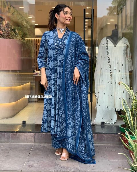 Womens Beautiful  Cotton Aliya Cut Embroidered Kurti With Pant and Dupatta Set