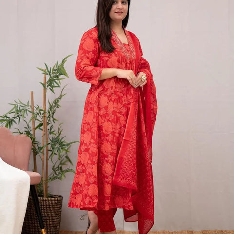 Womens Beautiful  Cotton Aliya Cut Embroidered Kurti With Pant and Dupatta Set