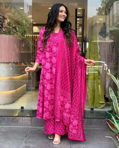 Womens Beautiful  Cotton Aliya Cut Embroidered Kurti With Pant and Dupatta Set