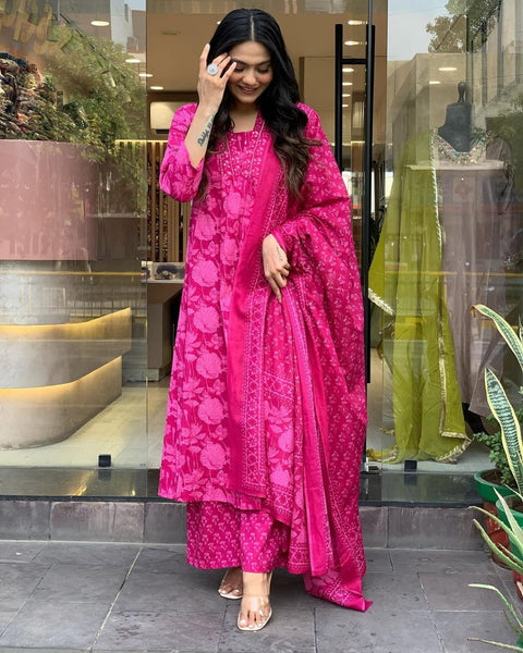 Womens Beautiful  Cotton Aliya Cut Embroidered Kurti With Pant and Dupatta Set