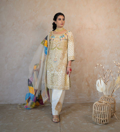 Attractive Party Wear Heavy Pure Chinon Silk fabric Kurti-pant pair