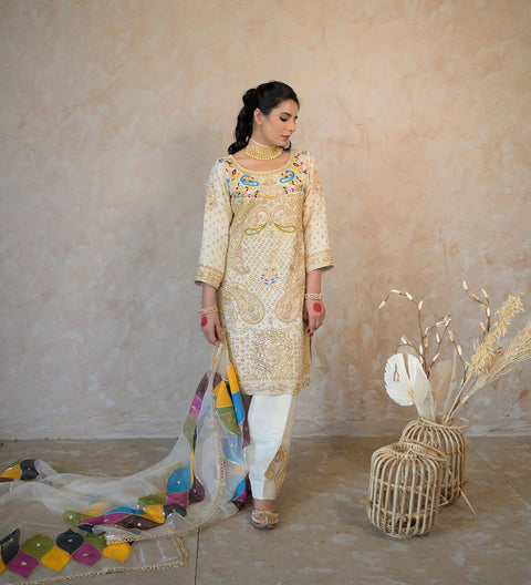 Attractive Party Wear Heavy Pure Chinon Silk fabric Kurti-pant pair