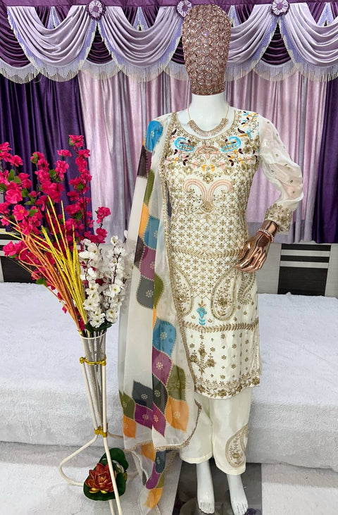 Attractive Party Wear Heavy Pure Chinon Silk fabric Kurti-pant pair