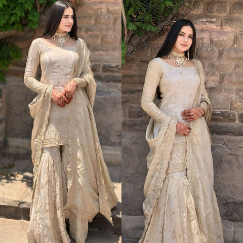 Pakistani Look Chinnon With Embrodery Sequence Work White Sharara Top With Dupatta