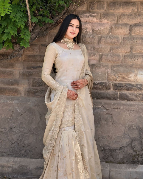 Pakistani Look Chinnon With Embrodery Sequence Work White Sharara Top With Dupatta