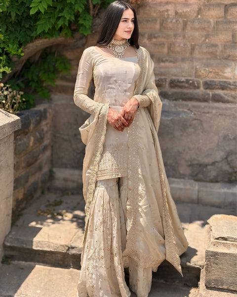 Pakistani Look Chinnon With Embrodery Sequence Work White Sharara Top With Dupatta