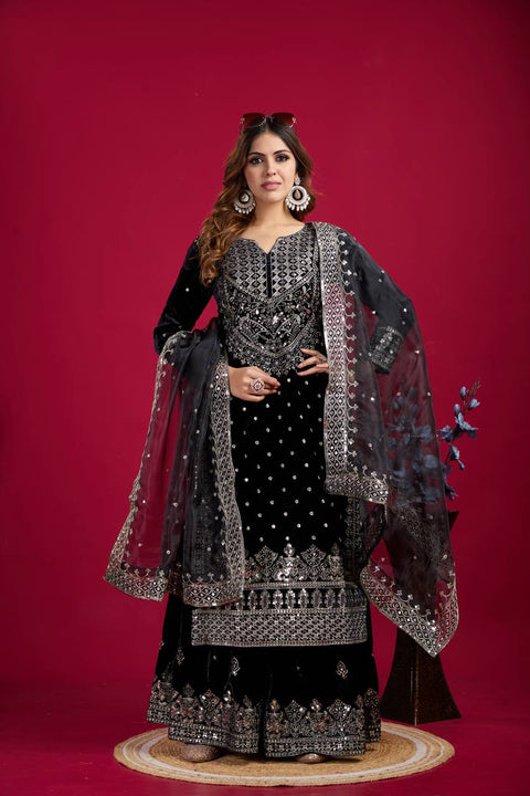 Women Viscose Velvet  Kurta Skirt Attached Dupatta Set