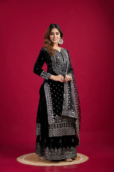 Women Viscose Velvet  Kurta Skirt Attached Dupatta Set