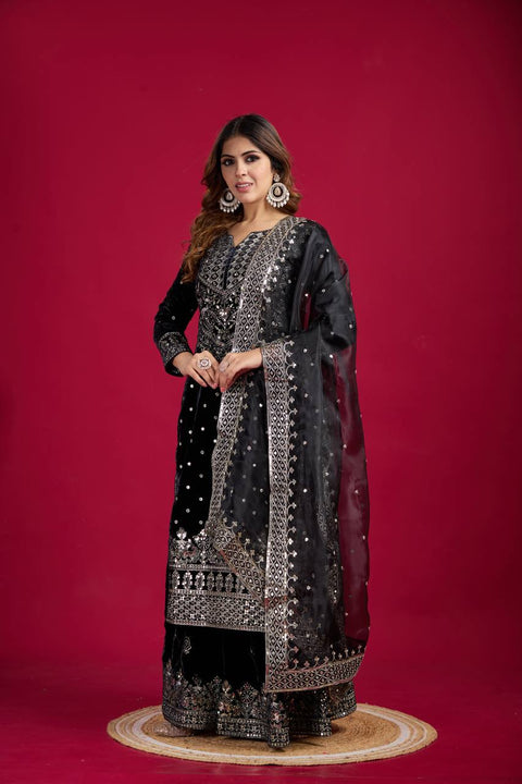 Women Viscose Velvet  Kurta Skirt Attached Dupatta Set