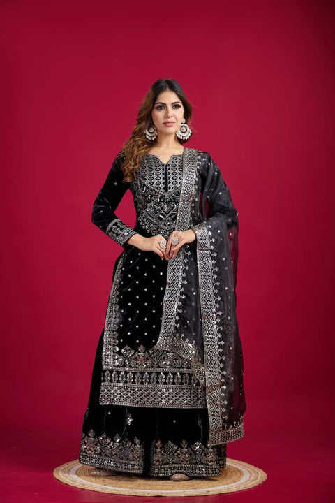 Women Viscose Velvet  Kurta Skirt Attached Dupatta Set