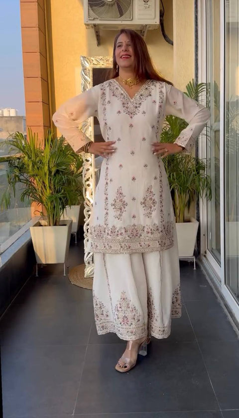 Pure Heavy Chinnon Silk With Heavy Embroidery Coding Sequence Work Top plazzo with dupatta