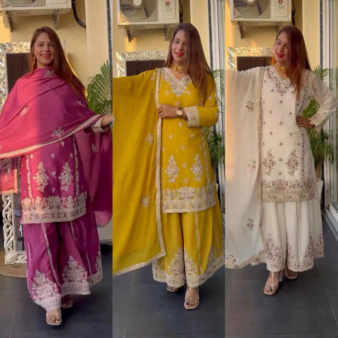Pure Heavy Chinnon Silk With Heavy Embroidery Coding Sequence Work Top plazzo with dupatta
