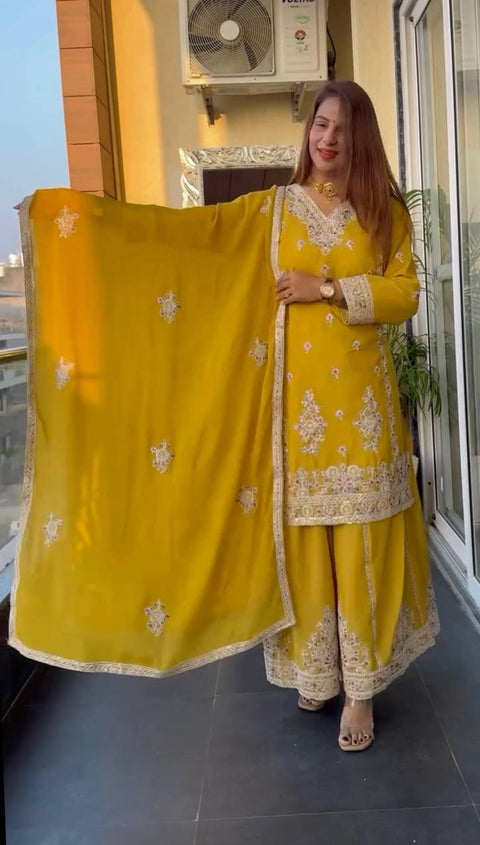 Pure Heavy Chinnon Silk With Heavy Embroidery Coding Sequence Work Top plazzo with dupatta