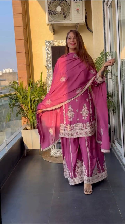 Pure Heavy Chinnon Silk With Heavy Embroidery Coding Sequence Work Top plazzo with dupatta