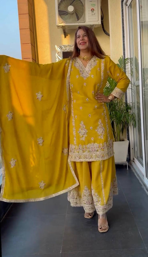 Pure Heavy Chinnon Silk With Heavy Embroidery Coding Sequence Work Top plazzo with dupatta