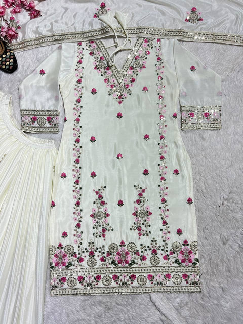 Pure Heavy Chinnon Silk With Heavy Embroidery Coding Sequence Work Top plazzo with dupatta