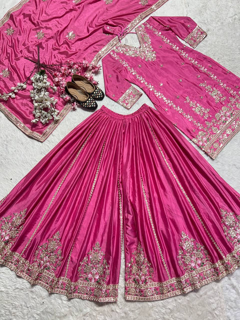 Pure Heavy Chinnon Silk With Heavy Embroidery Coding Sequence Work Top plazzo with dupatta