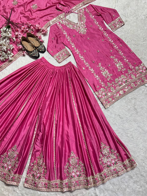 Pure Heavy Chinnon Silk With Heavy Embroidery Coding Sequence Work Top plazzo with dupatta