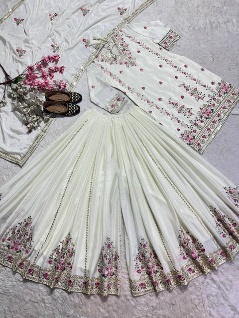 Pure Heavy Chinnon Silk With Heavy Embroidery Coding Sequence Work Top plazzo with dupatta