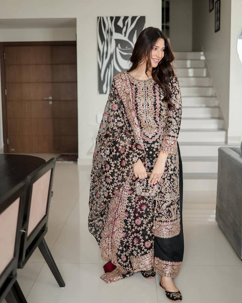 HEAVY FUAX GEORGEET  EMBROIDERY SEQUENCES WORK TOP PLAZZO WITH DUPATTA