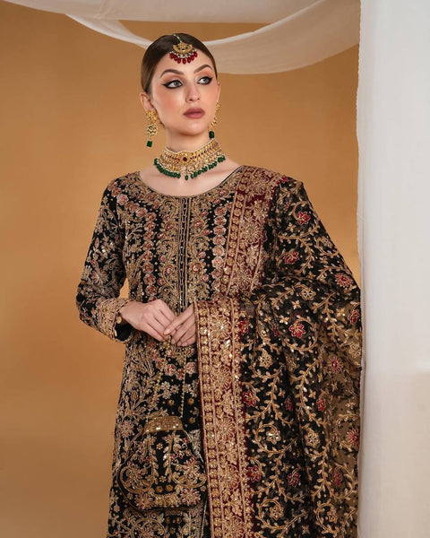 HEAVY FUAX GEORGEET  EMBROIDERY SEQUENCES WORK TOP PLAZZO WITH DUPATTA