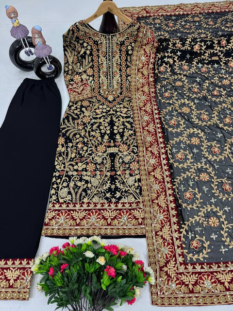 HEAVY FUAX GEORGEET  EMBROIDERY SEQUENCES WORK TOP PLAZZO WITH DUPATTA