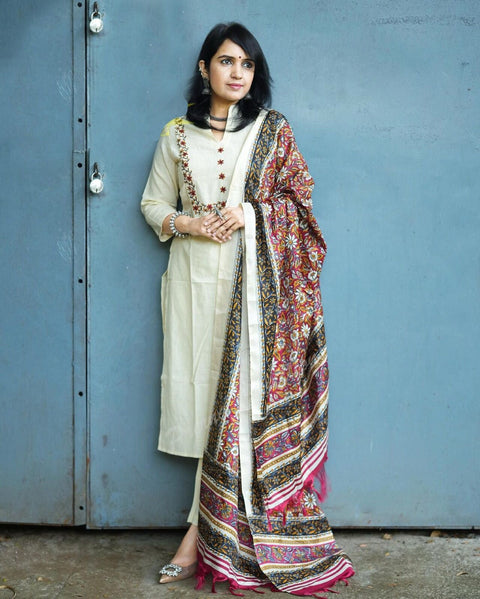 Premium south silk kurti having embroidery on neck with pant  with beautiful printed Dupatta