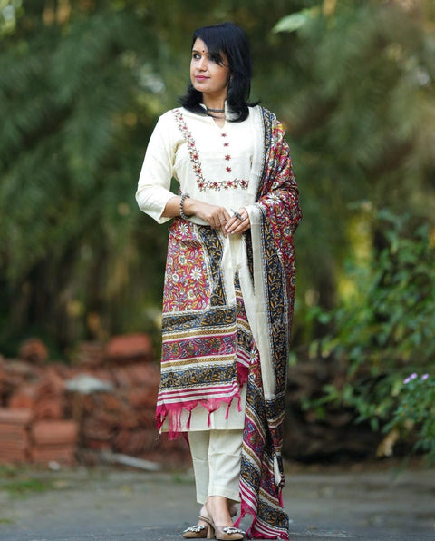 Premium south silk kurti having embroidery on neck with pant  with beautiful printed Dupatta