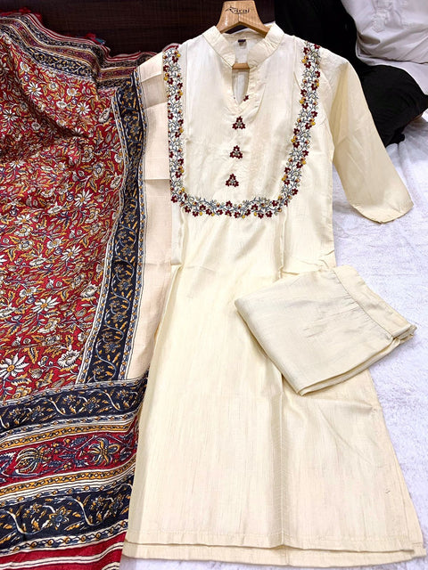 Premium south silk kurti having embroidery on neck with pant  with beautiful printed Dupatta