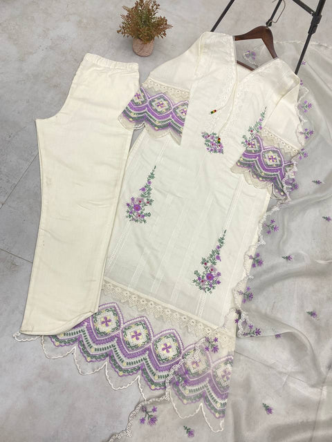 DESIRABLE EMBROIDERED WORK TOP AND PENT WITH ORGANZA DUPATTA