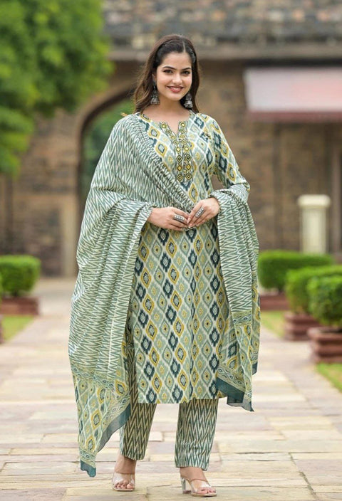 Women Cotton Kurta Pant Dupatta Set