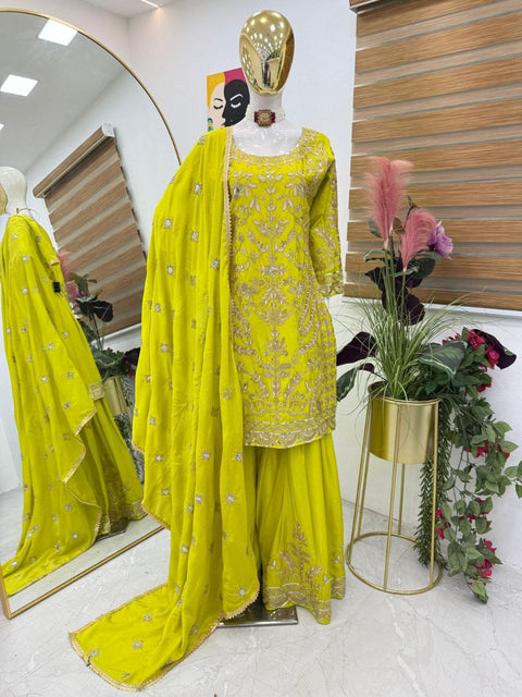NEW DESIGNER HEAVY FUAX GEORGETTE CHINE SEQUENCE WORK TOP SHARARA
