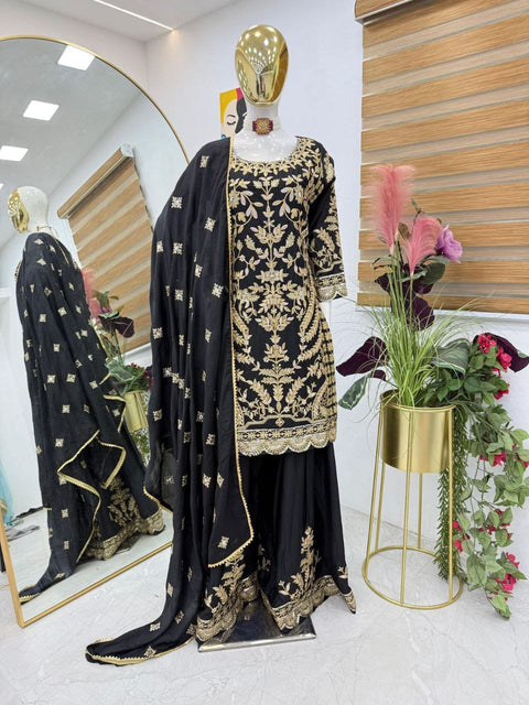 NEW DESIGNER HEAVY FUAX GEORGETTE CHINE SEQUENCE WORK TOP SHARARA