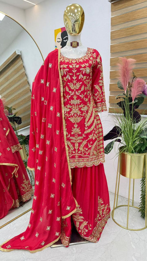NEW DESIGNER HEAVY FUAX GEORGETTE CHINE SEQUENCE WORK TOP SHARARA