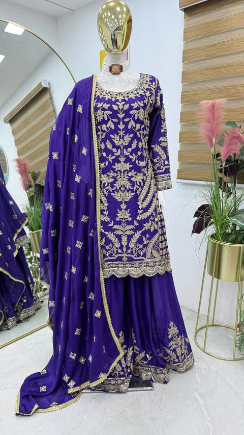 NEW DESIGNER HEAVY FUAX GEORGETTE CHINE SEQUENCE WORK TOP SHARARA