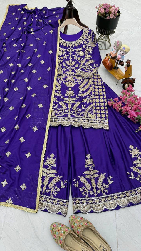 NEW DESIGNER HEAVY FUAX GEORGETTE CHINE SEQUENCE WORK TOP SHARARA