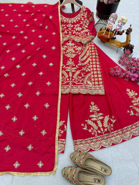 NEW DESIGNER HEAVY FUAX GEORGETTE CHINE SEQUENCE WORK TOP SHARARA