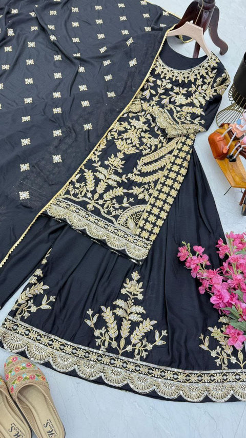 NEW DESIGNER HEAVY FUAX GEORGETTE CHINE SEQUENCE WORK TOP SHARARA