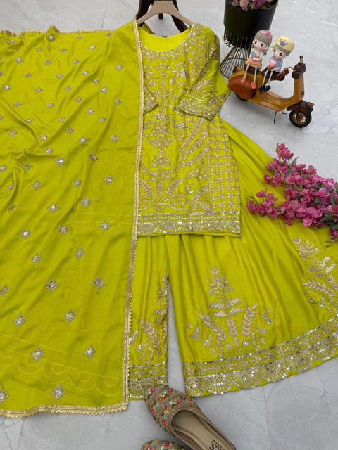 NEW DESIGNER HEAVY FUAX GEORGETTE CHINE SEQUENCE WORK TOP SHARARA