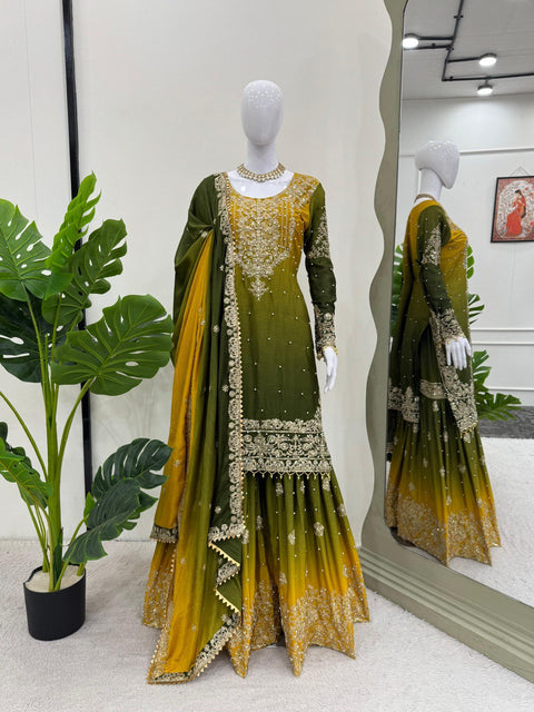 beautiful Designer Suit on Havy Chinon Sharara  Suit