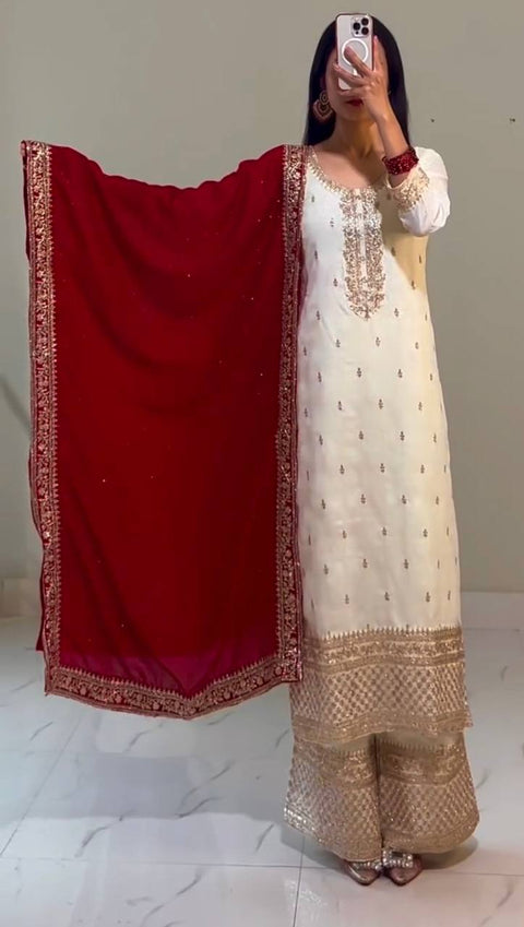 Presenting New Festival Collection In Chinnon And Heavy Embroidery Sequence Work Top-Bottom And Dupatta