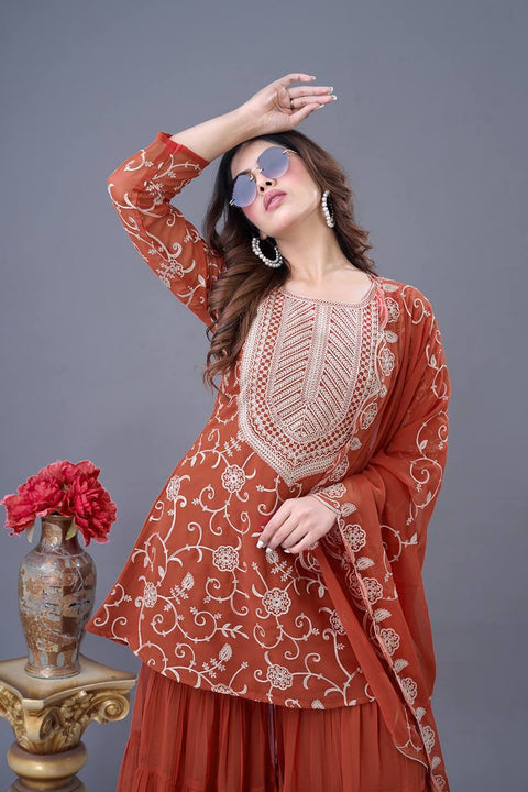 New Real Modelling Designer Party Wear Look Top-Sharara and Dupatta