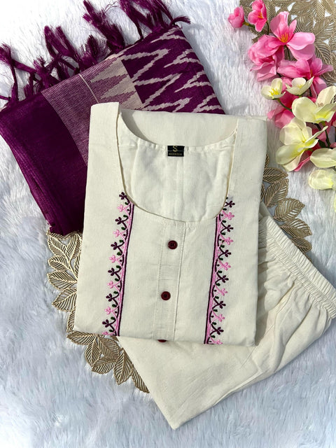 New Designers Khadi Cotton with Beautiful Embroidery Kurti Pent Dupatta Set