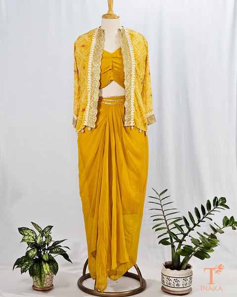 Heavy Georgette Indo Western Yellow Dhoti Style Sarara with blouse &koti