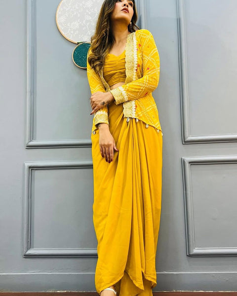 Heavy Georgette Indo Western Yellow Dhoti Style Sarara with blouse &koti