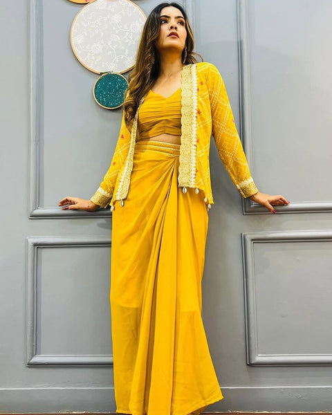 Heavy Georgette Indo Western Yellow Dhoti Style Sarara with blouse &koti