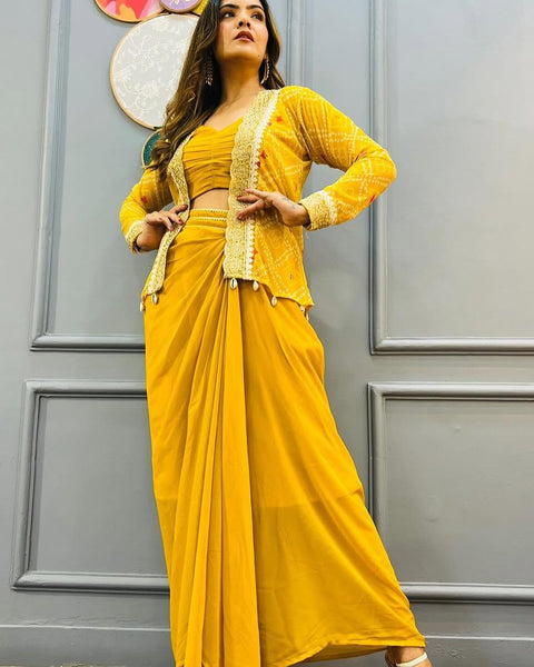 Heavy Georgette Indo Western Yellow Dhoti Style Sarara with blouse &koti