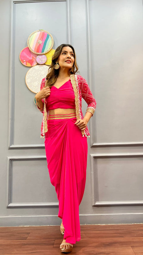 Heavy Georgette Indo Western Yellow Dhoti Style Sarara with blouse &koti