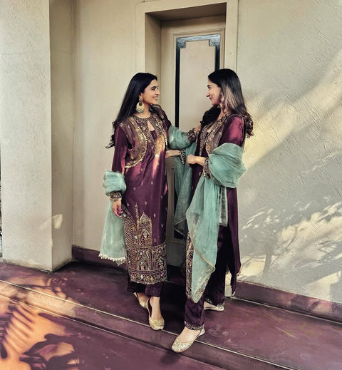 DESIGNER WEAR TOP WITH KOTI SEQUANCE  EMBROIDERED WORK AND PANT WITH DUPATTA